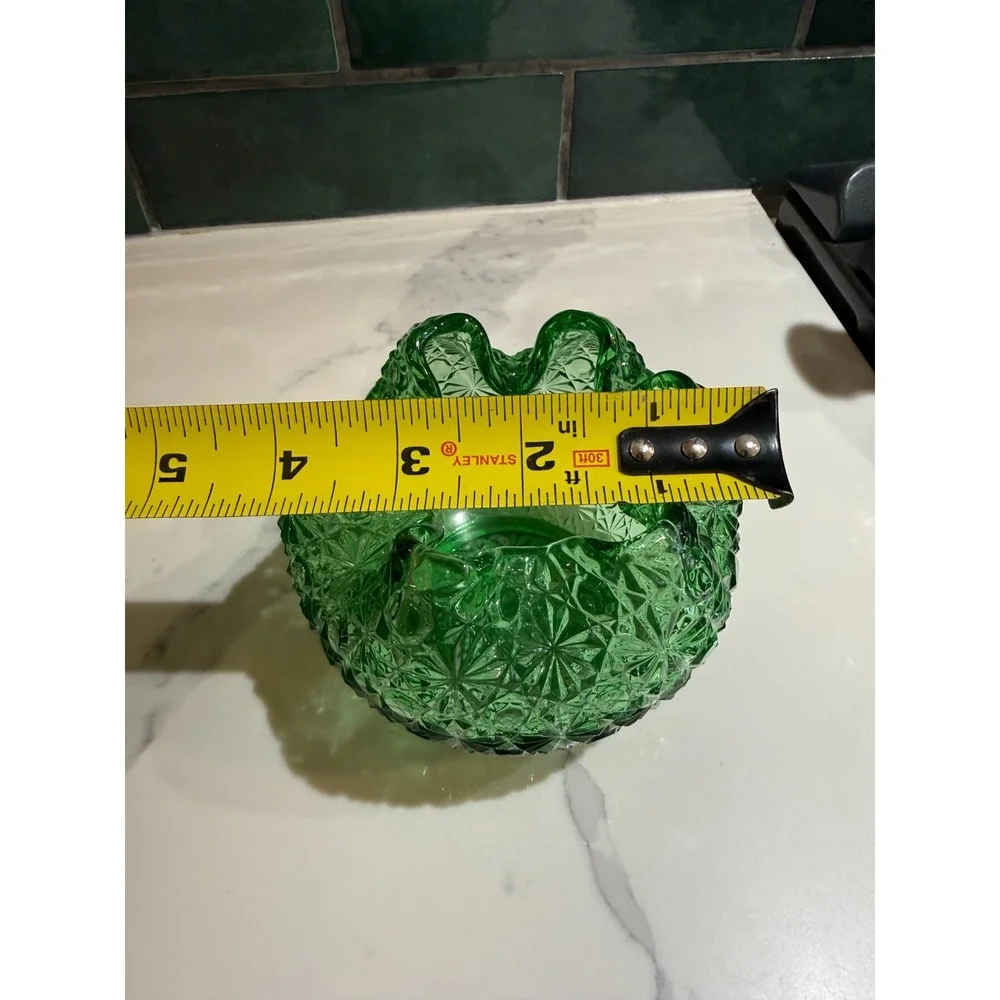 Green Daisy Button Glass Rose Bowl Vase with Ruffled/Crimped Rim Candle Holder